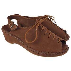 La Plume Sandals 39 US 9 Brown Suede Lace Up Slingback Wedge Heel Casual